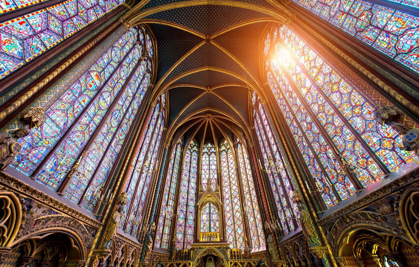 Фото обои готика, свечи, собор, витражи, paris, france, канделябры, Sainte Chapelle
