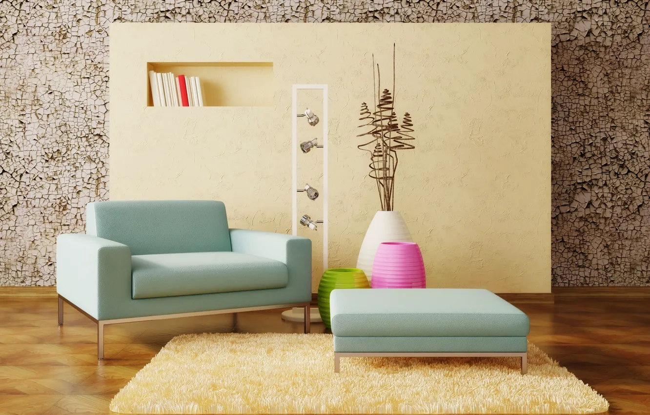 Фото обои дизайн, интерьер, ковёр, кресло, стенка, декор, Interior design, вазы
