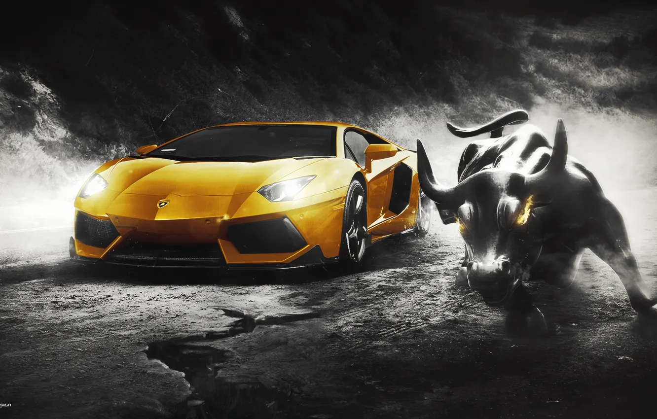 Фото обои Lamborghini, Wall, Design, Yellow, LP700-4, Aventador, Supercar, Bull