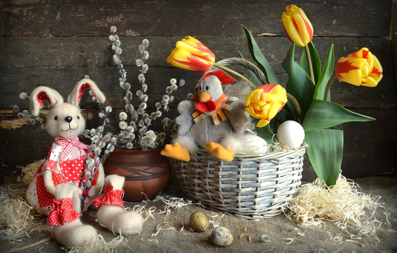 Фото обои игрушки, яйца, курица, кролик, Пасха, тюльпаны, верба