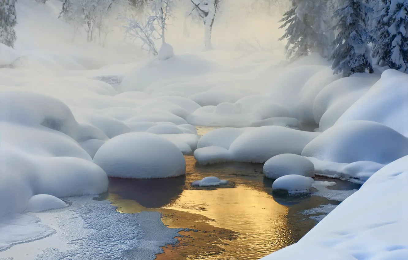 Фото обои зима, лес, свет, снег, деревья, природа, река, дымка