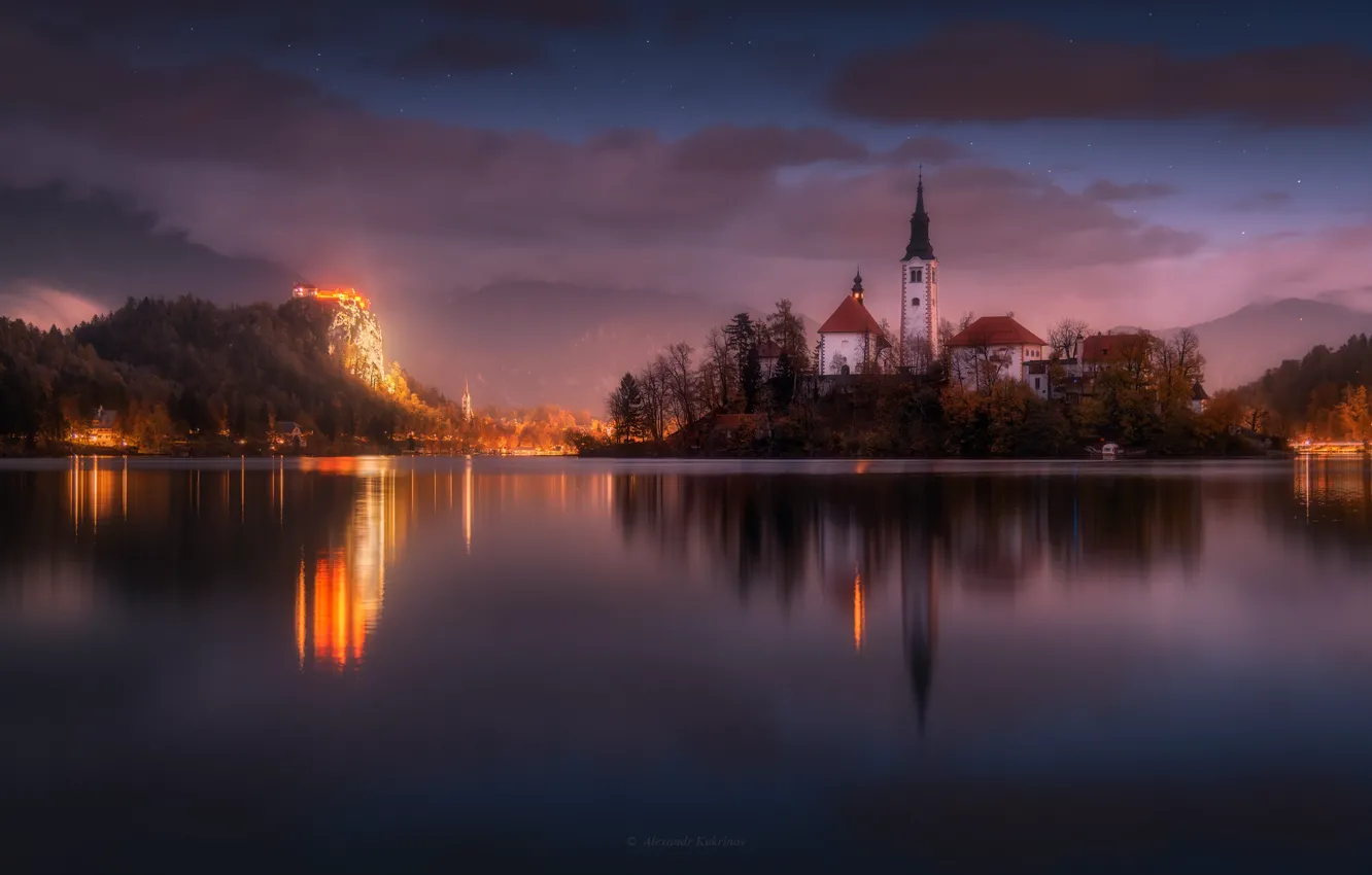 Фото обои небо, закат, горы, озеро, вечер, церковь, Словения, Slovenia