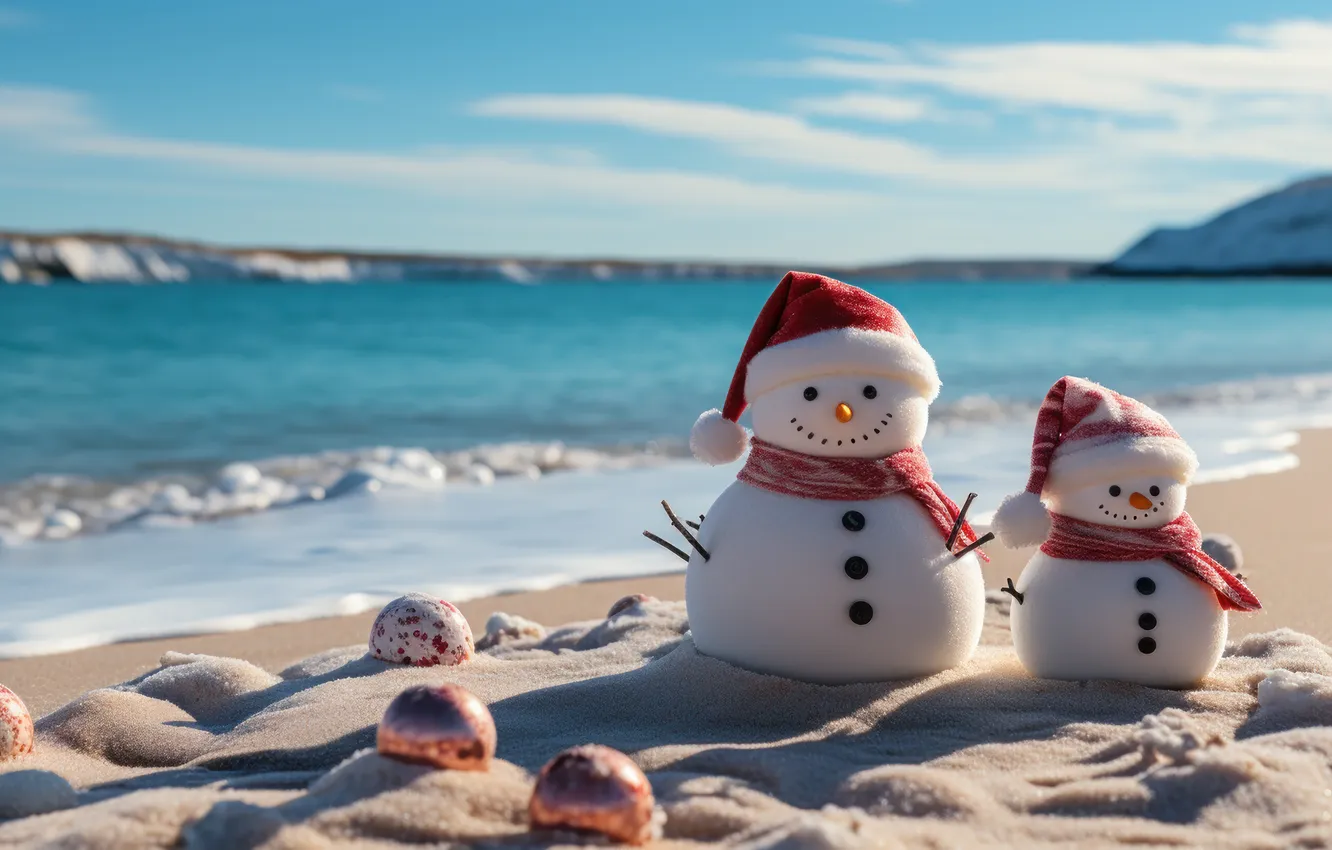 Фото обои песок, море, пляж, снег, снеговик, christmas, happy, beach