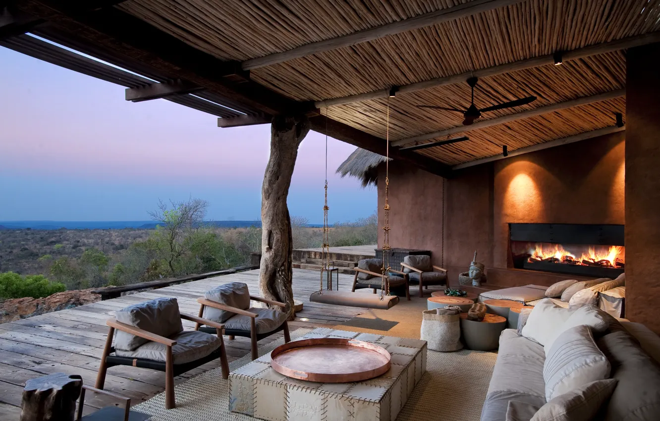 Фото обои мебель, камин, терраса, South Africa, lodge Leobo