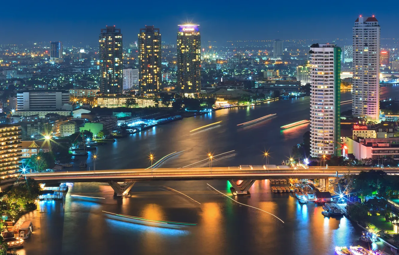 Фото обои lights, Thailand, river, night, skyscrapers, Bangkok