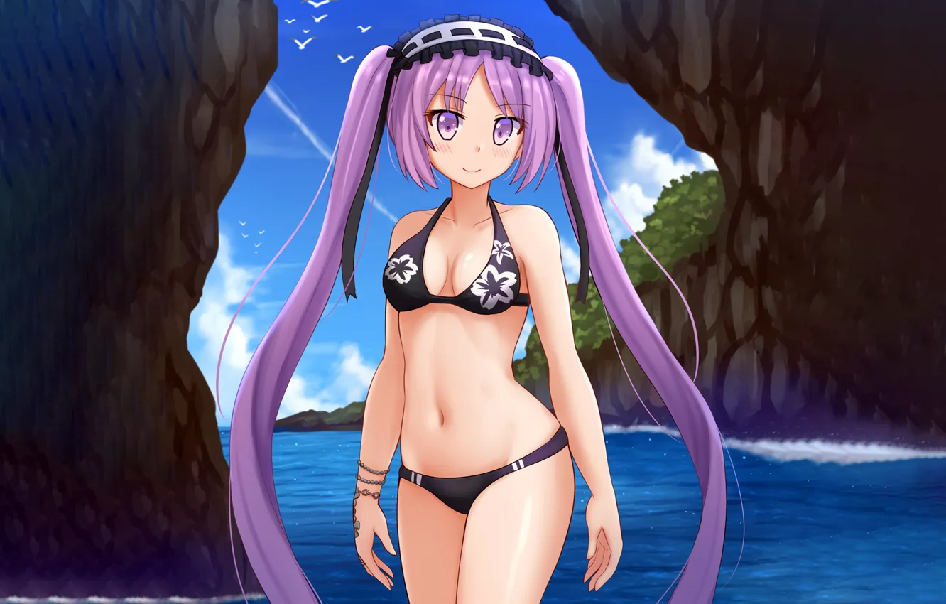 Фото обои girl, sexy, cleavage, long hair, sea, boobs, anime, beautiful
