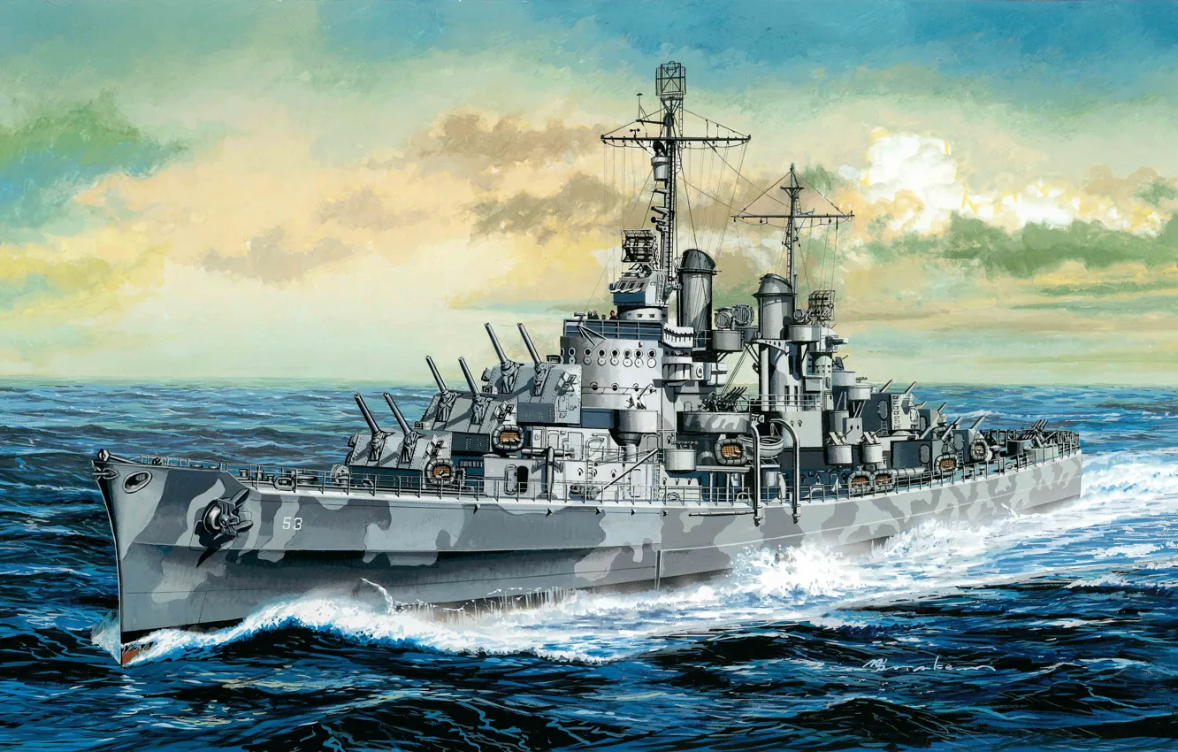 Фото обои легкий, корабль, арт, США, флот, строй, крейсер, ВМС