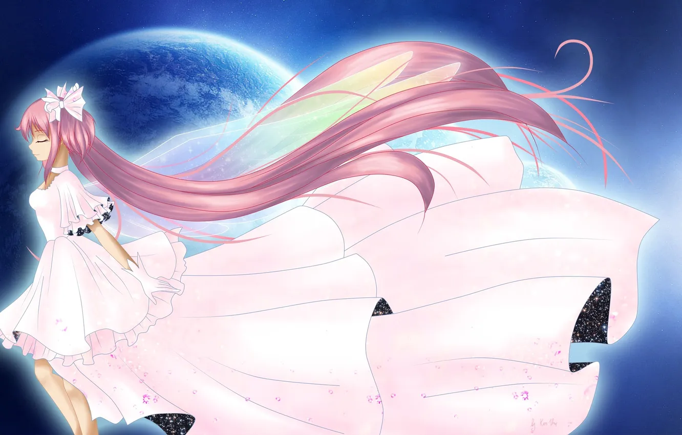 Фото обои луна, аниме, платье, бантики, розовые волосы, Princess Chibiusa