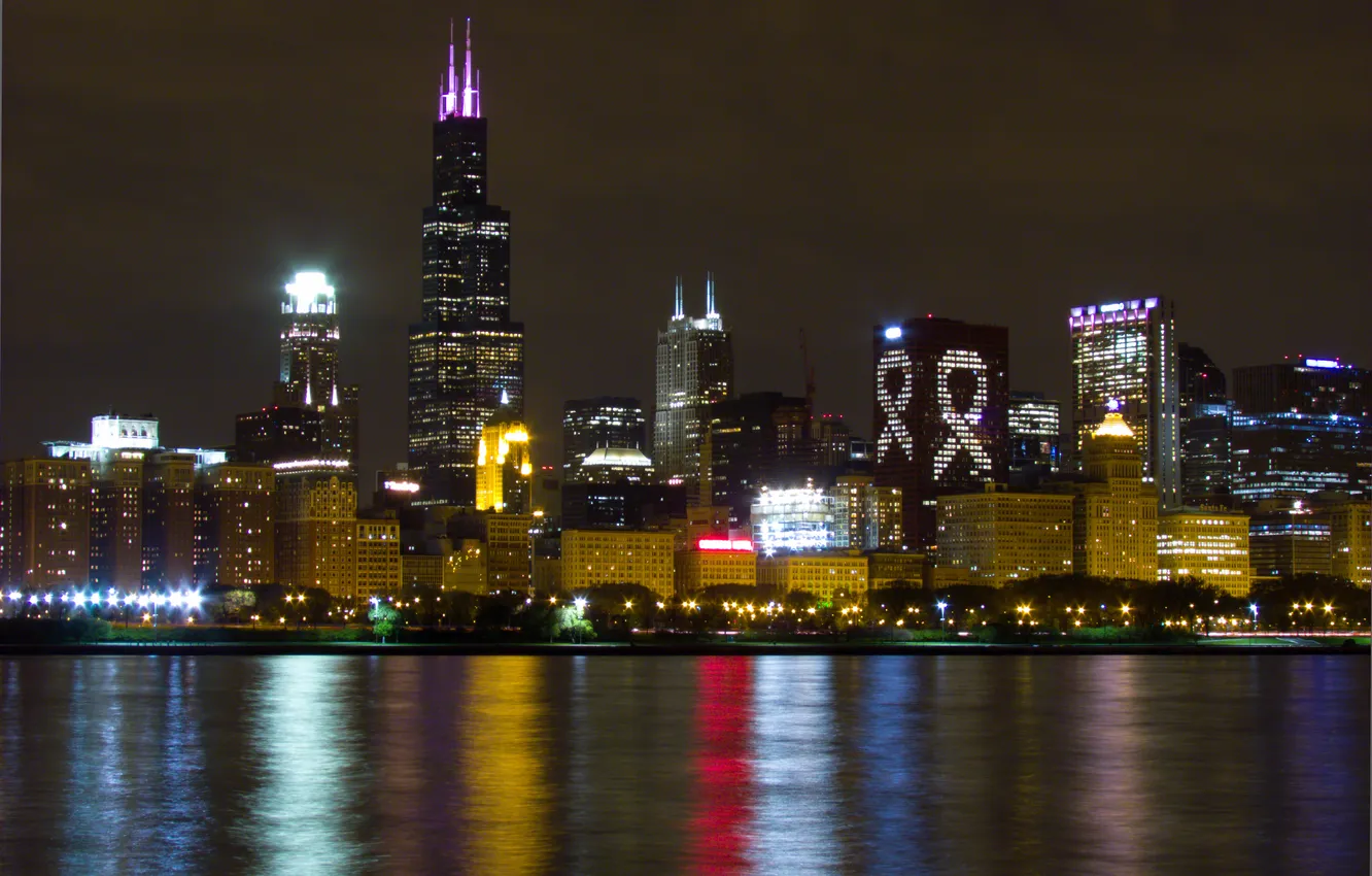 Фото обои ночь, город, Чикаго, США, Иллиноис, панопамма