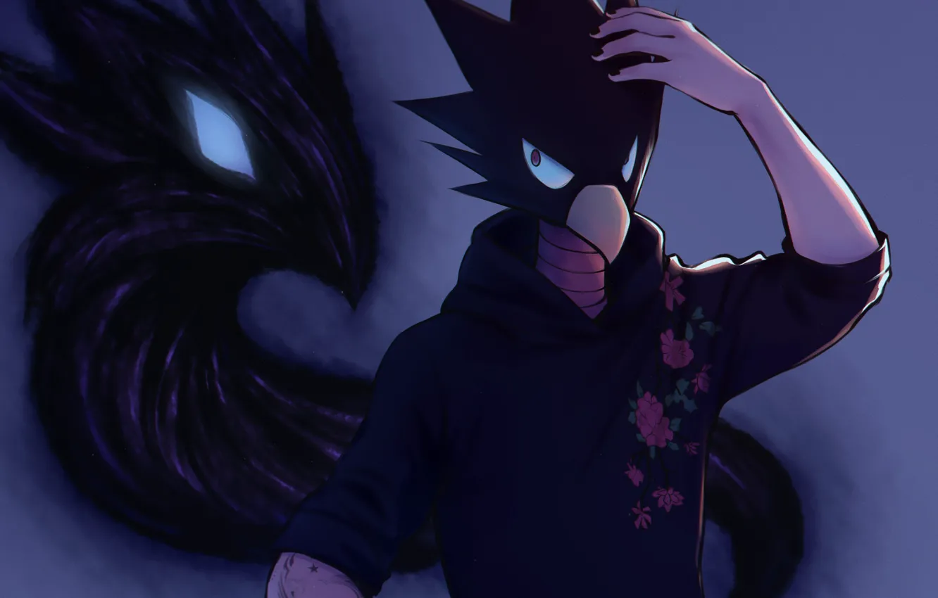 Фото обои взгляд, тень, герой, парень, Boku no Hero Academia, Моя геройская акадеимя, Tokoyami Fumikage