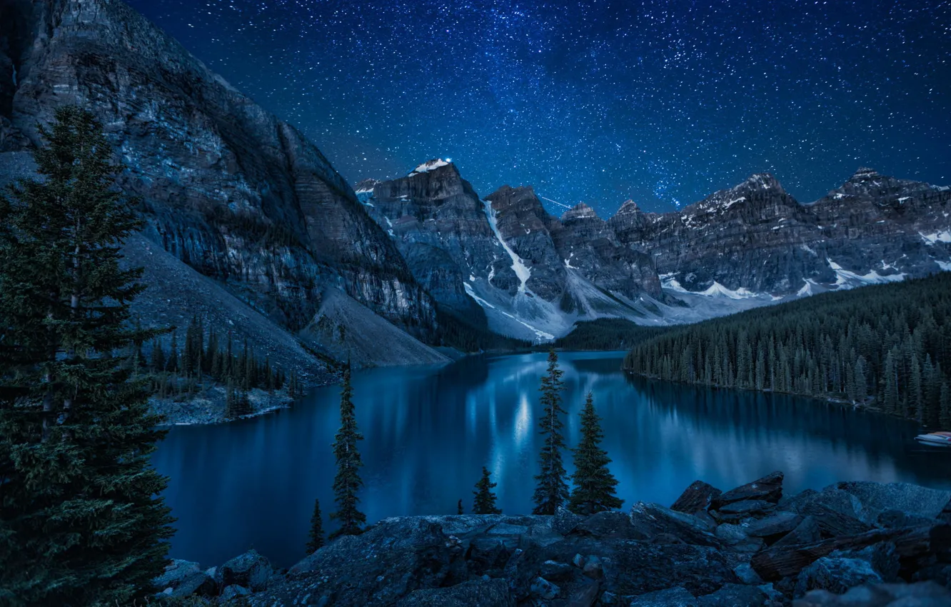Фото обои лес, горы, ночь, природа, озеро, река
