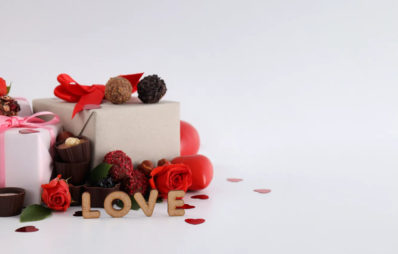 Фото обои любовь, романтика, сердце, шоколад, подарки, сердечки, red, love