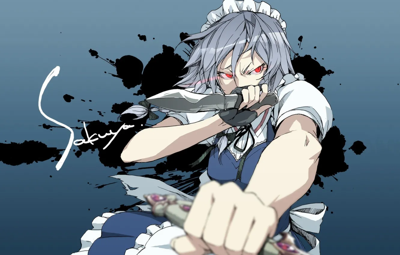 Фото обои кляксы, ножи, красные глаза, кулак, синий фон, горничная, Izayoi Sakuya, злобный взгляд