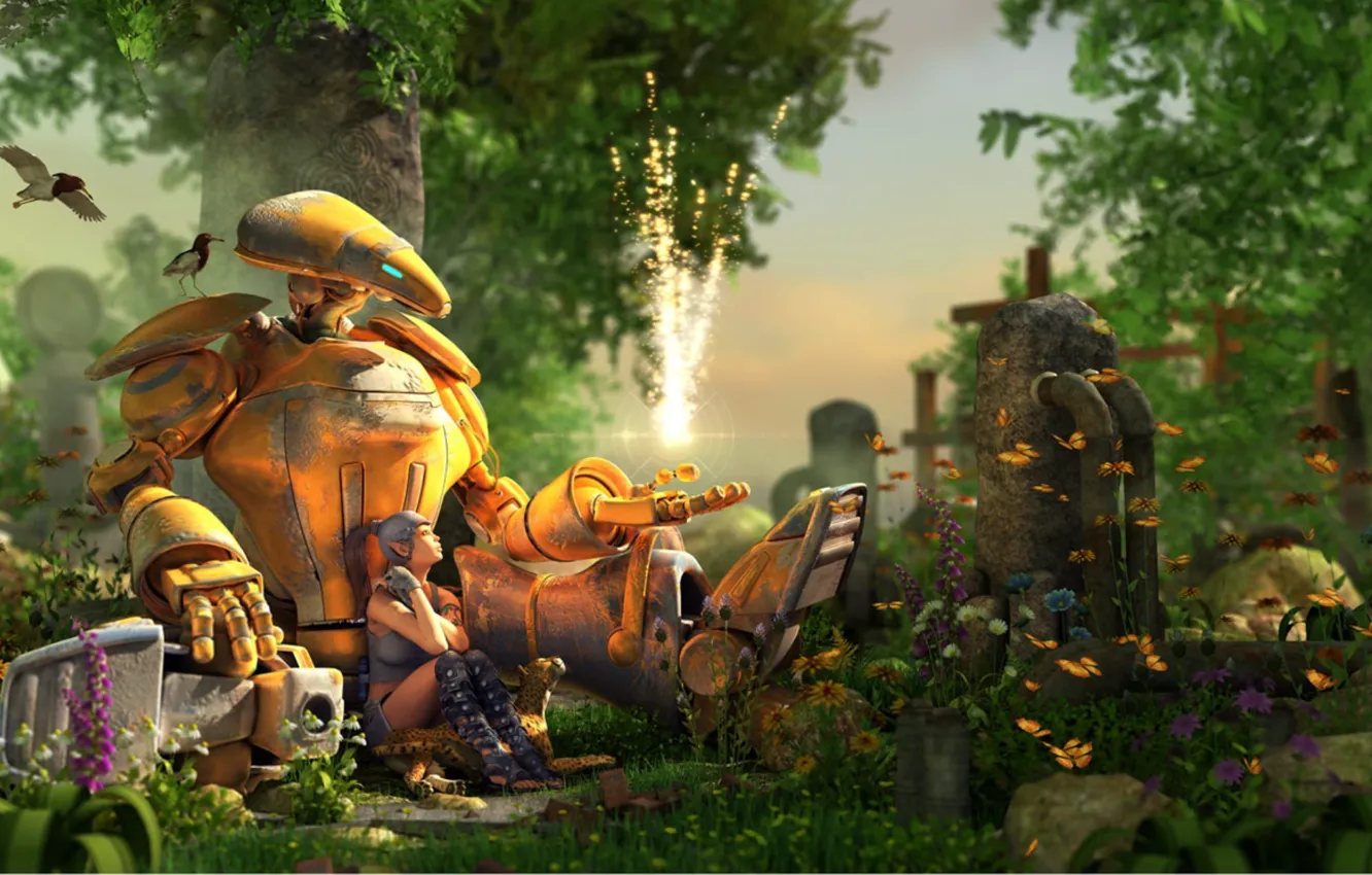 Фото обои девушка, деревья, цветы, птица, бабочка, робот, труба, Put a little magic in your