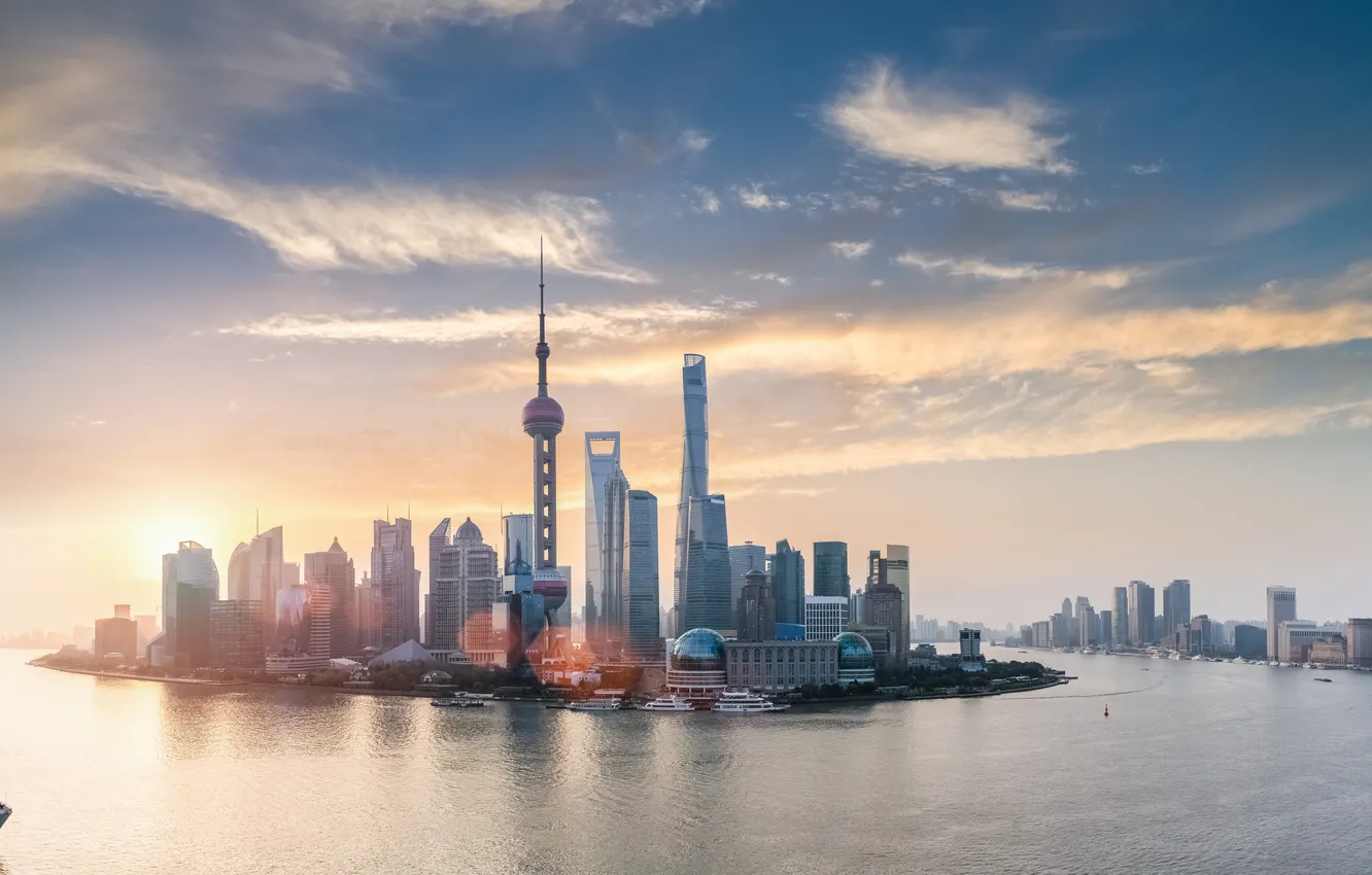 Фото обои tower, skyline, sky, view, skyscraper, sunrise, shanghai, urban