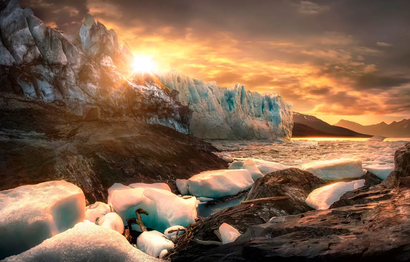 Фото обои солнце, горы, камни, скалы, лёд, льды, Аргентина, Патагония