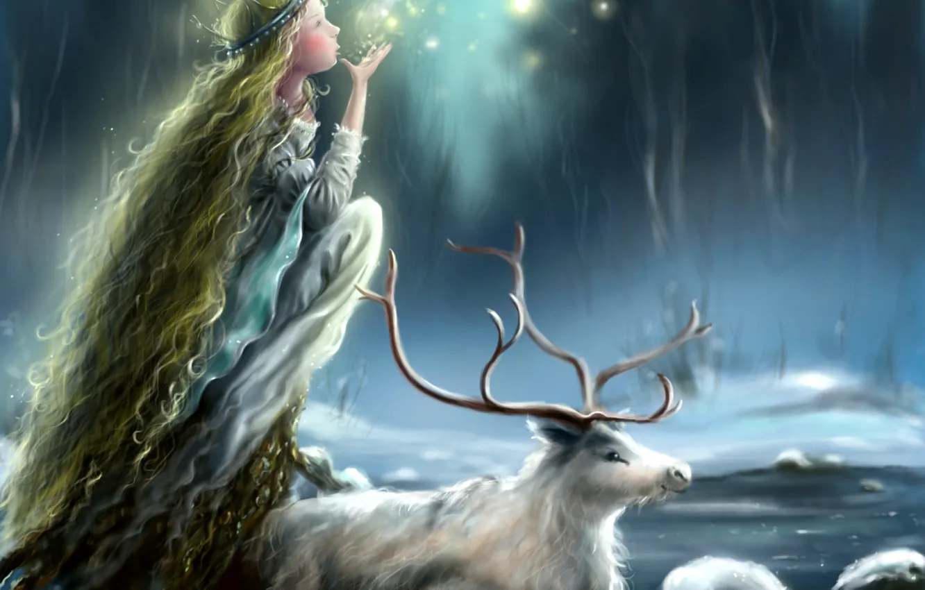 Фото обои лед, зима, девушка, снег, лицо, животное, олень, огоньки
