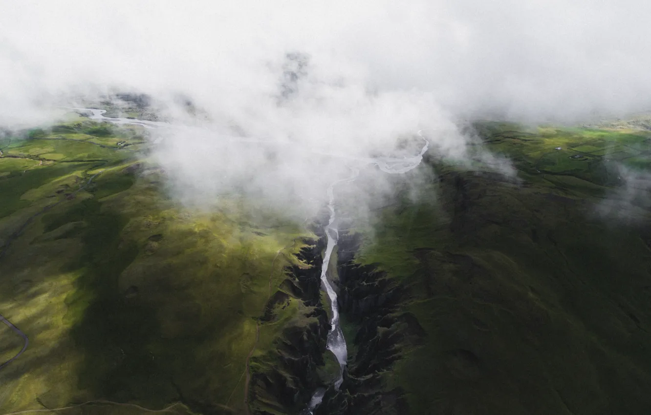 Фото обои облака, туман, Исландия, вид сверху