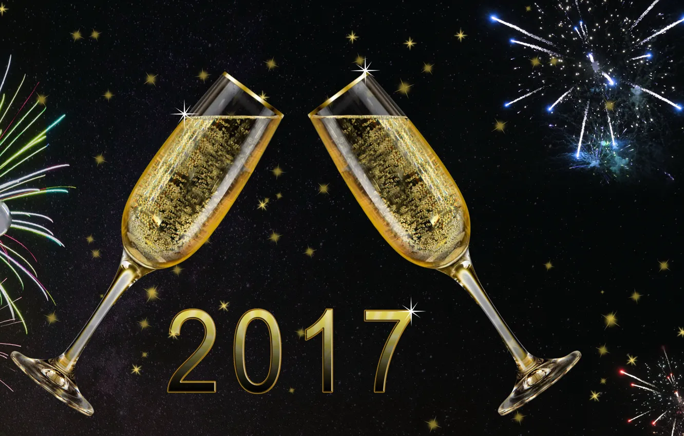 Фото обои Новый Год, бокалы, new year, happy, fireworks, champagne, 2017