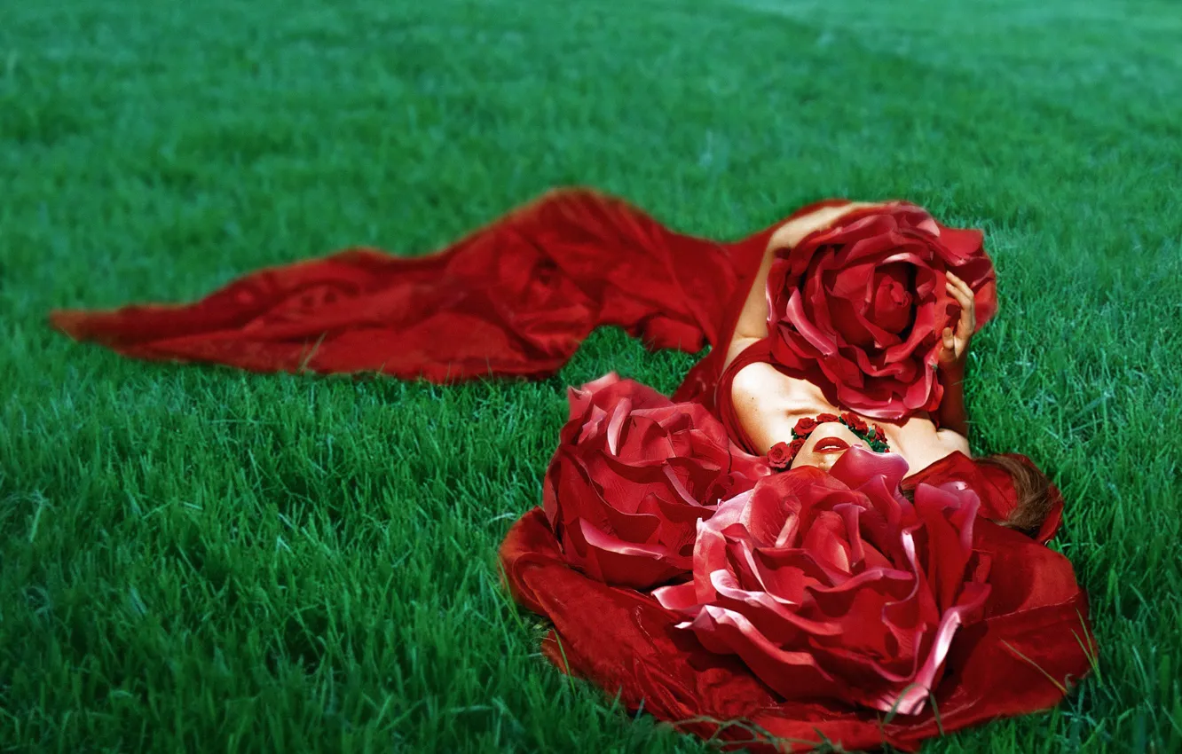 Фото обои трава, девушка, цветы, природа, розы, макияж, платье, ткань