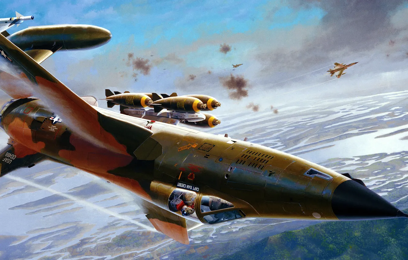 Фото обои war, art, airplane, painting, aviation, jet, Republic F-105 Thunderchief