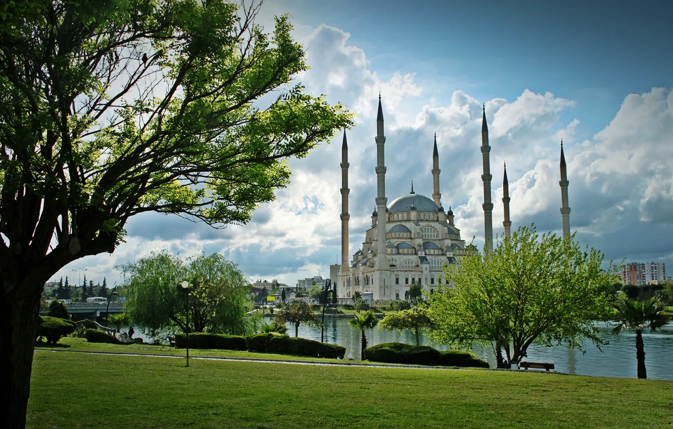 Фото обои парк, река, архитектура, river, Турция, park, Turkey, architecture