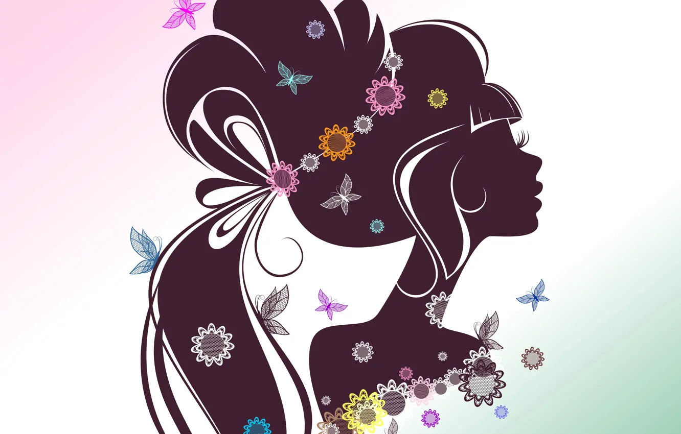 Фото обои девушка, бабочки, цветы, лицо, ресницы, фон, волосы, силуэт