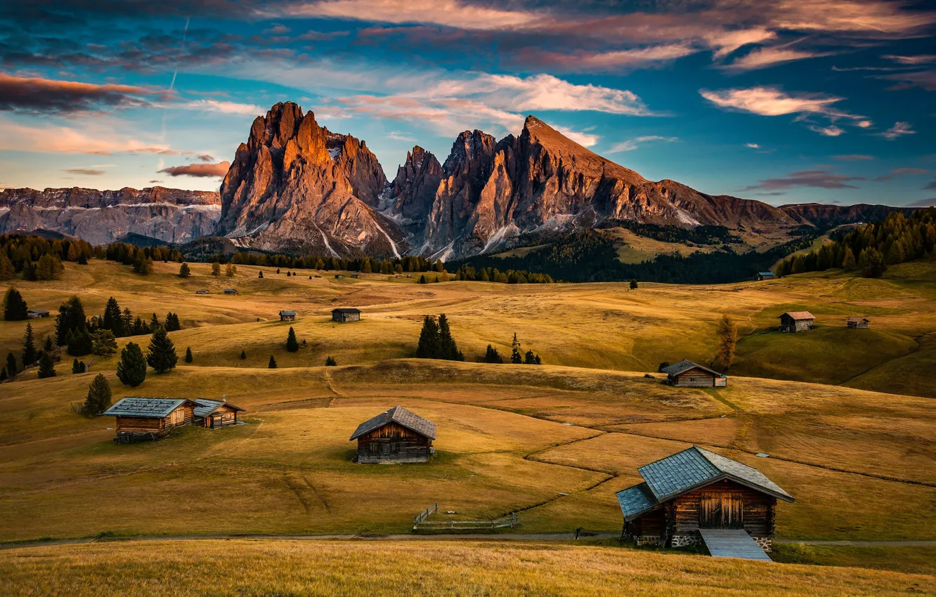 Фото обои поле, Альпы, домик