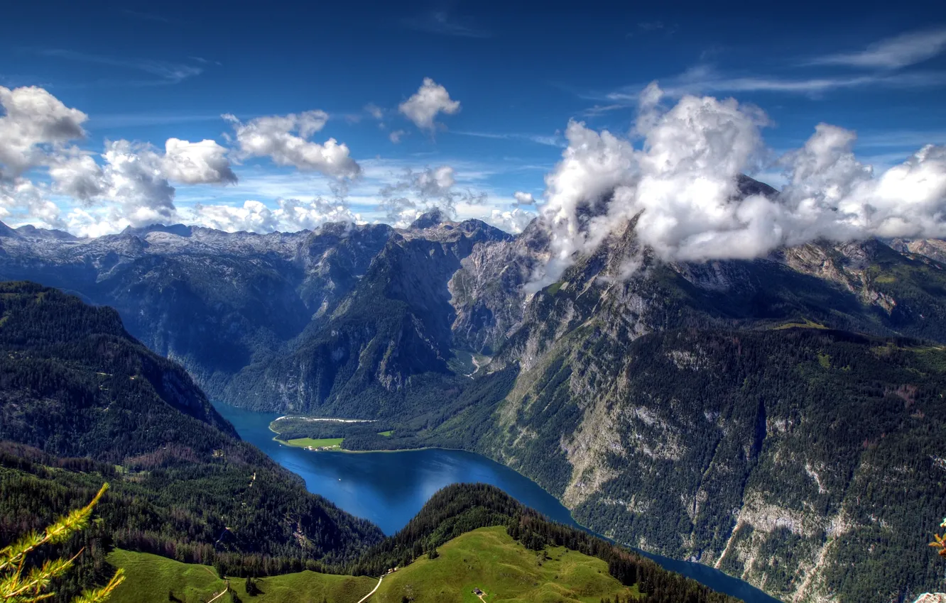 Фото обои облака, горы, река, поля, Германия, Бавария, Альпы, панорама
