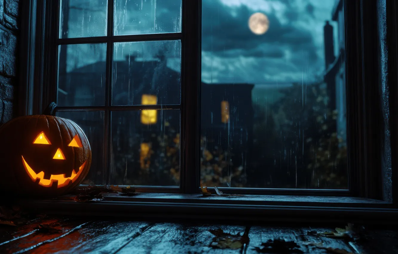 Фото обои Облака, Ночь, Луна, Окно, Тыквы, Halloween, Хэллоуин, Цифровое искусство
