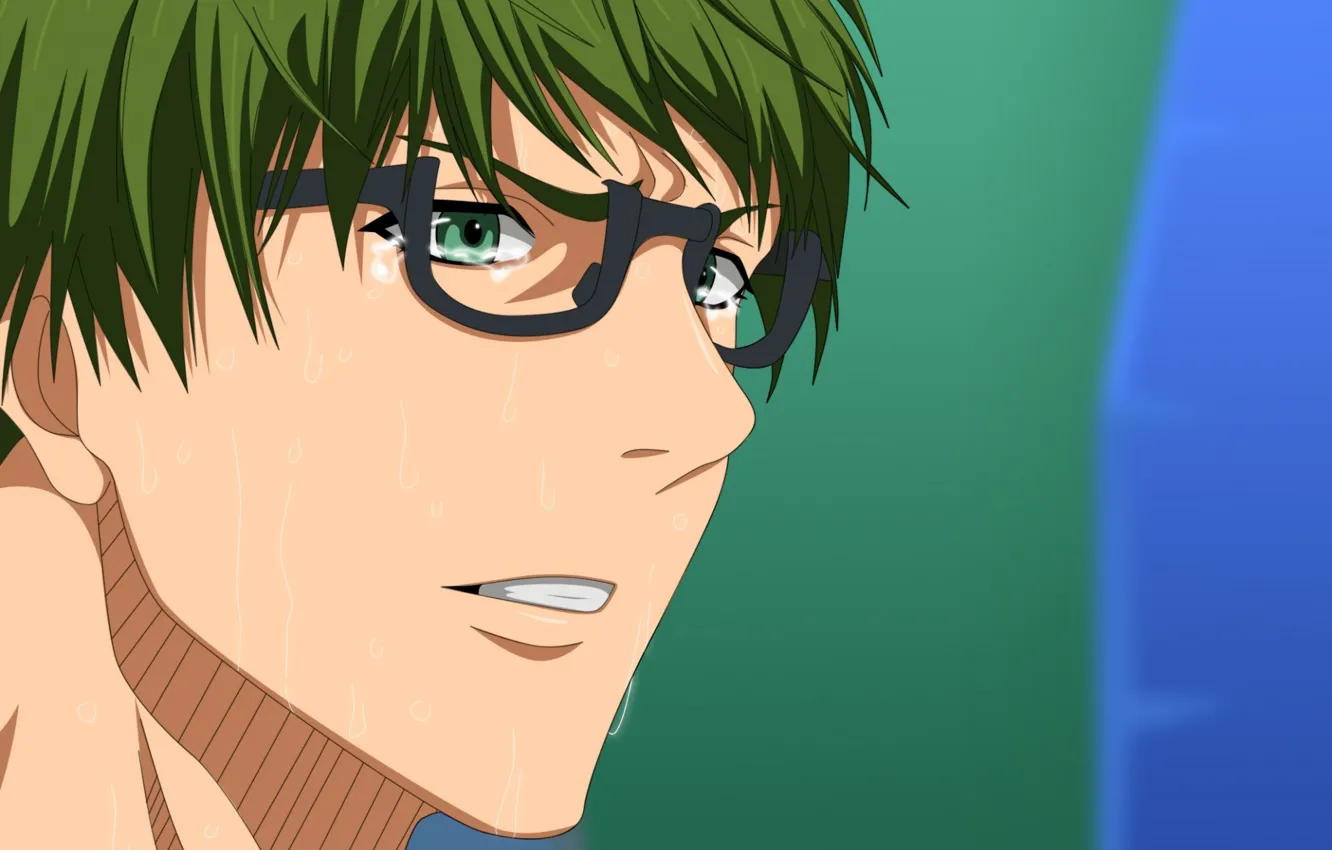 Фото обои лицо, очки, парень, зеленые волосы, пот, челка, баскетбол Куроко, Midorima Shintarou