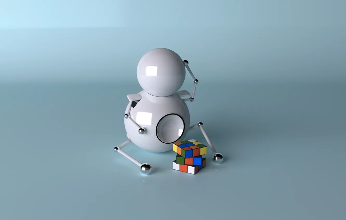 Фото обои отражение, шары, фигура, человечек, кубик, рубика, рендер