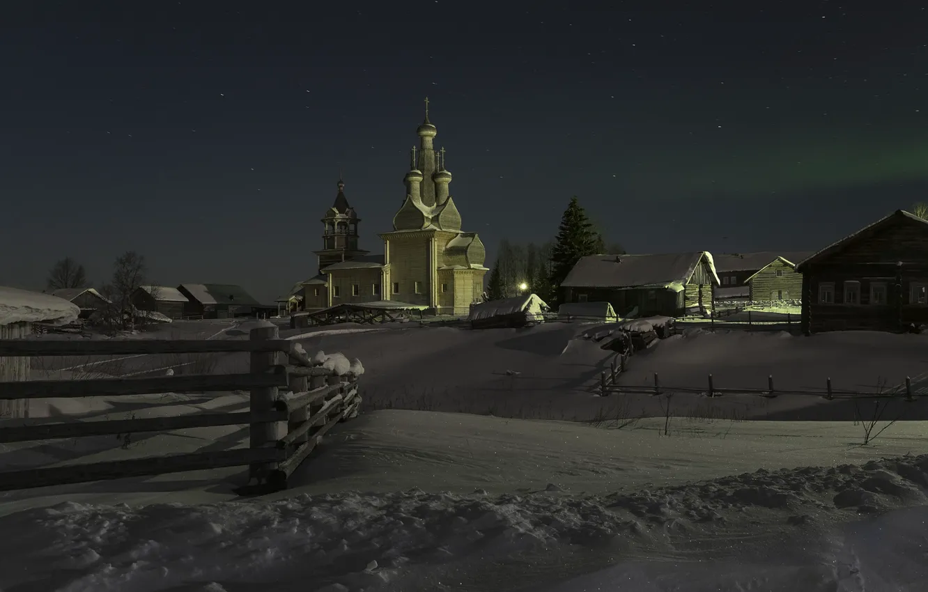 Фото обои зима, небо, снег, пейзаж, ночь, природа, сияние, забор