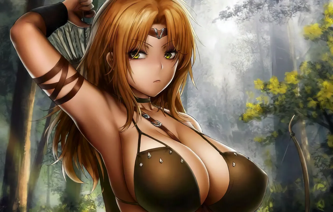 Фото обои girl, sexy, forest, bra, cleavage, green eyes, long hair, jungle