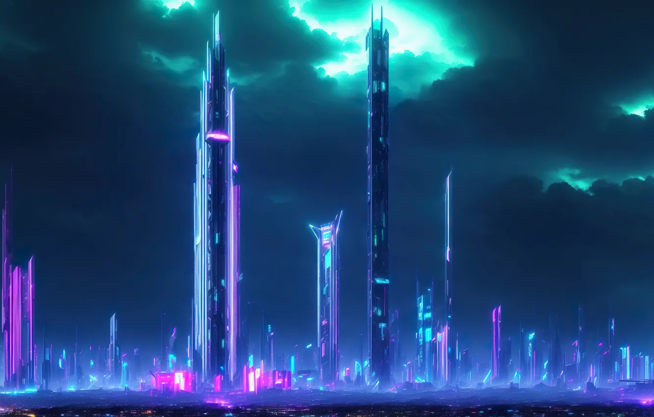 Фото обои city, future, landscape, art, fantastic, neon, cyberpunk, digital art