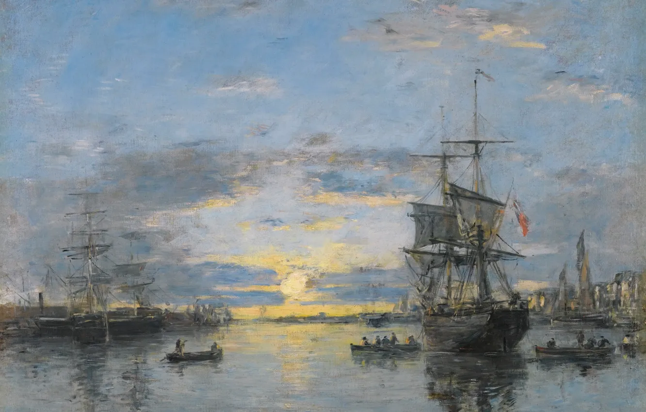 Фото обои корабль, картина, Эжен Буден, Eugene Boudin, Havre. The Avant Port. Sun Down