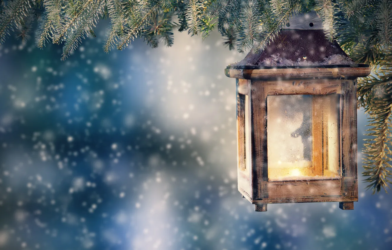 Фото обои снег, украшения, елка, Новый Год, Рождество, фонарь, Christmas, snow
