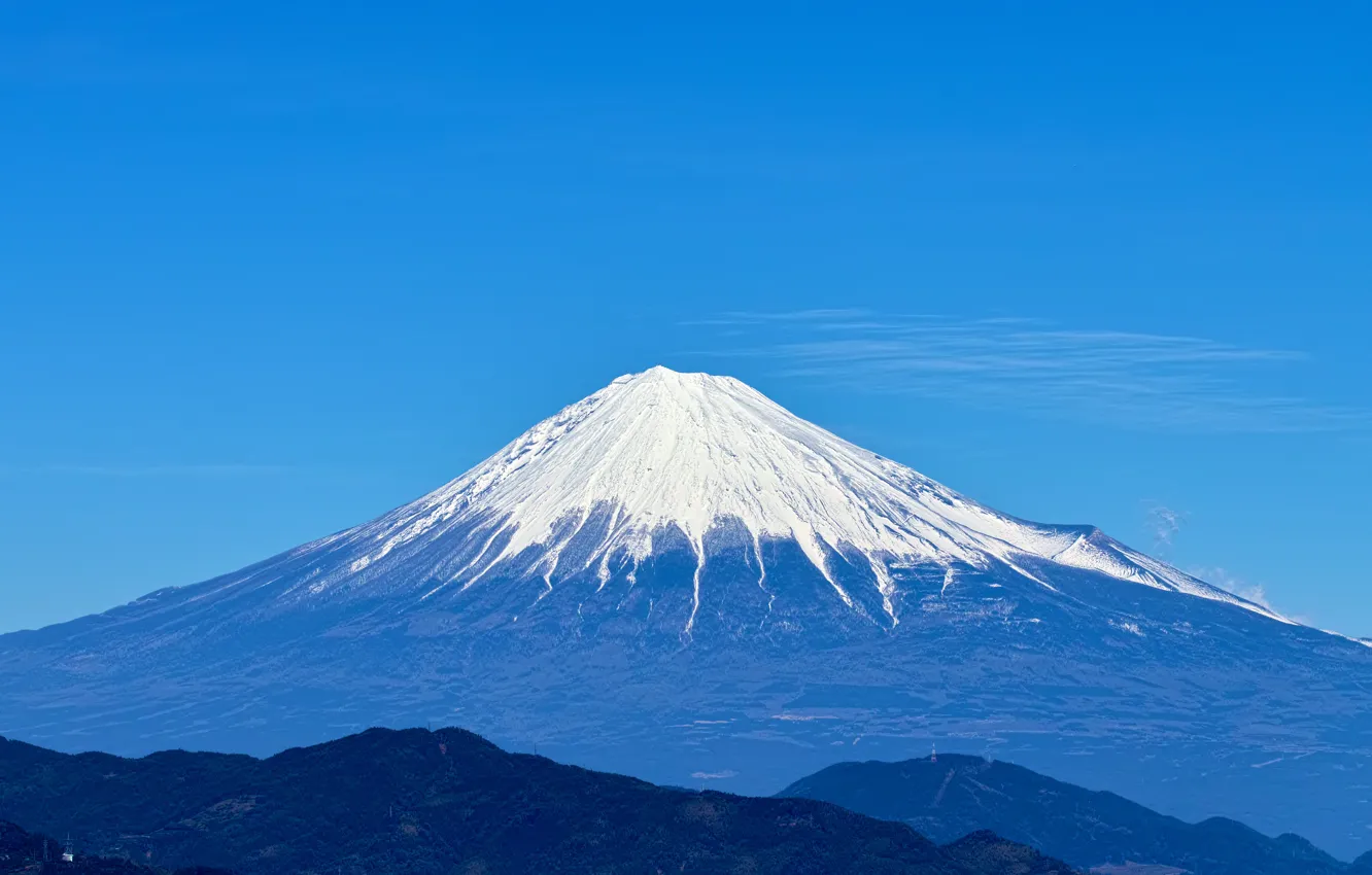 Фото обои небо, снег, синий, ландшафт, гора, вулкан, Япония, фудзи