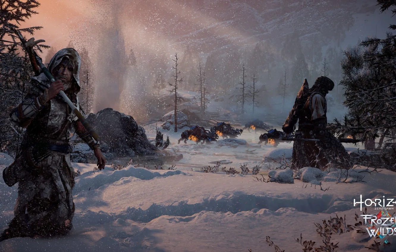 Фото обои robot, blizzard, mecha, weapon, machine, snow, hunter, Horizon Zero Dawn