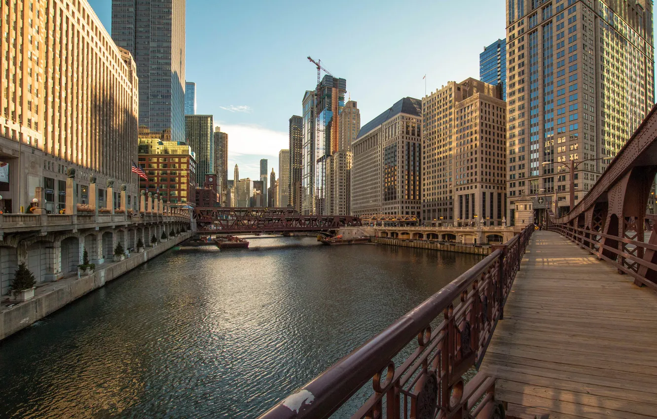 Фото обои город, река, небоскребы, утро, Чикаго, США, мосты, Иллинойс