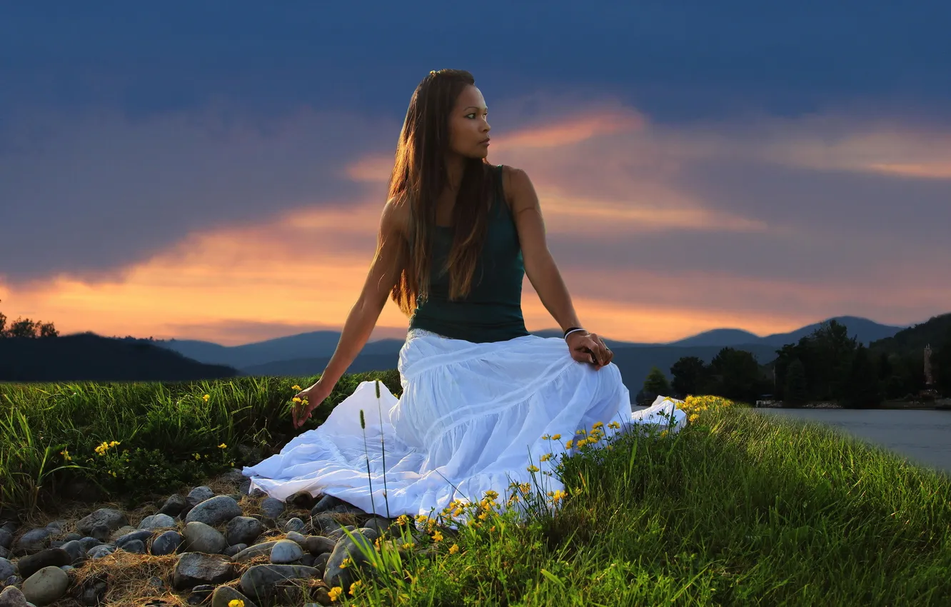 Фото обои девушка, закат, озеро