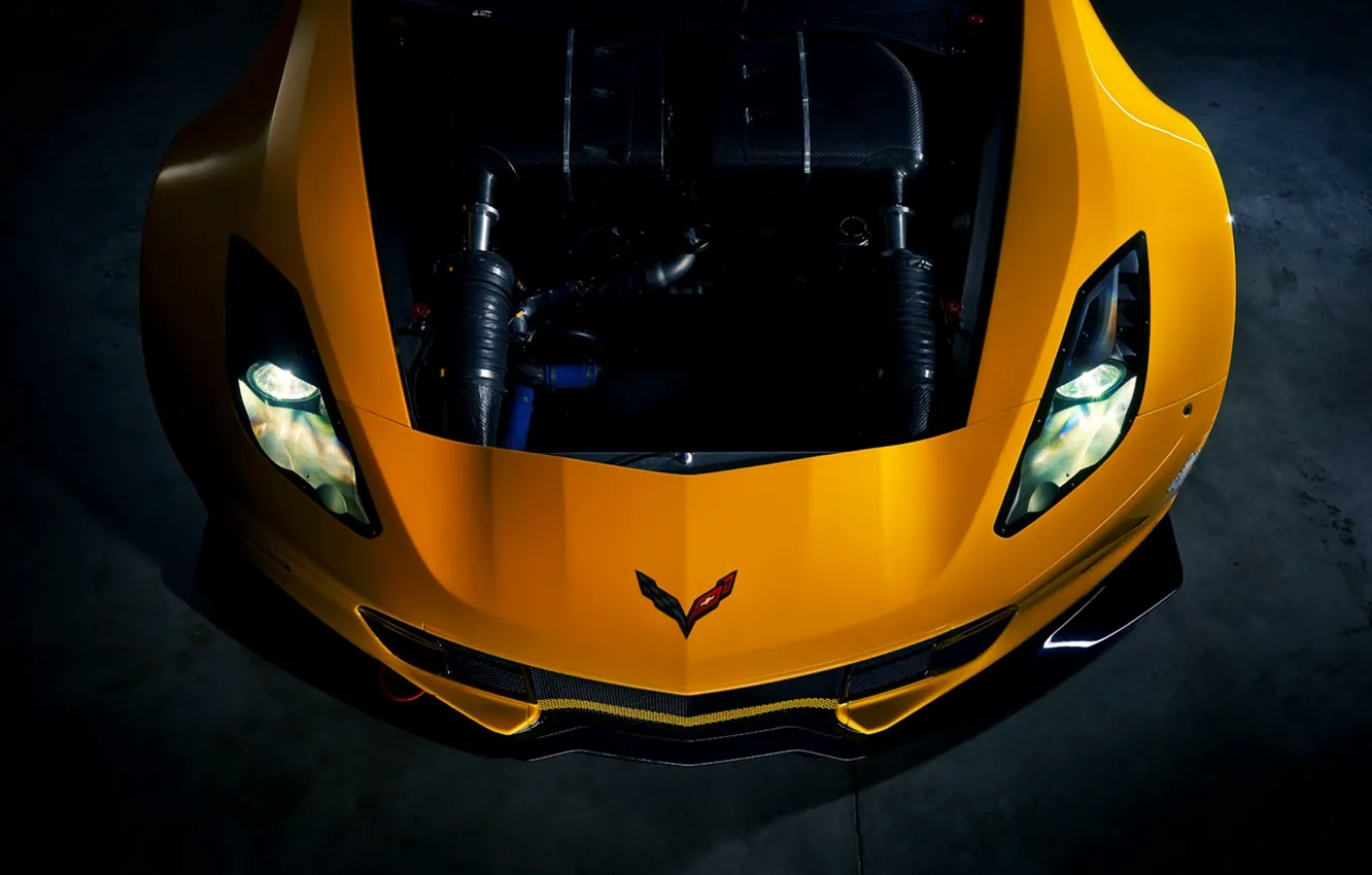 Фото обои Желтый, Corvette, Chevrolet, Машина, Двигатель, Фары, Car, Yellow