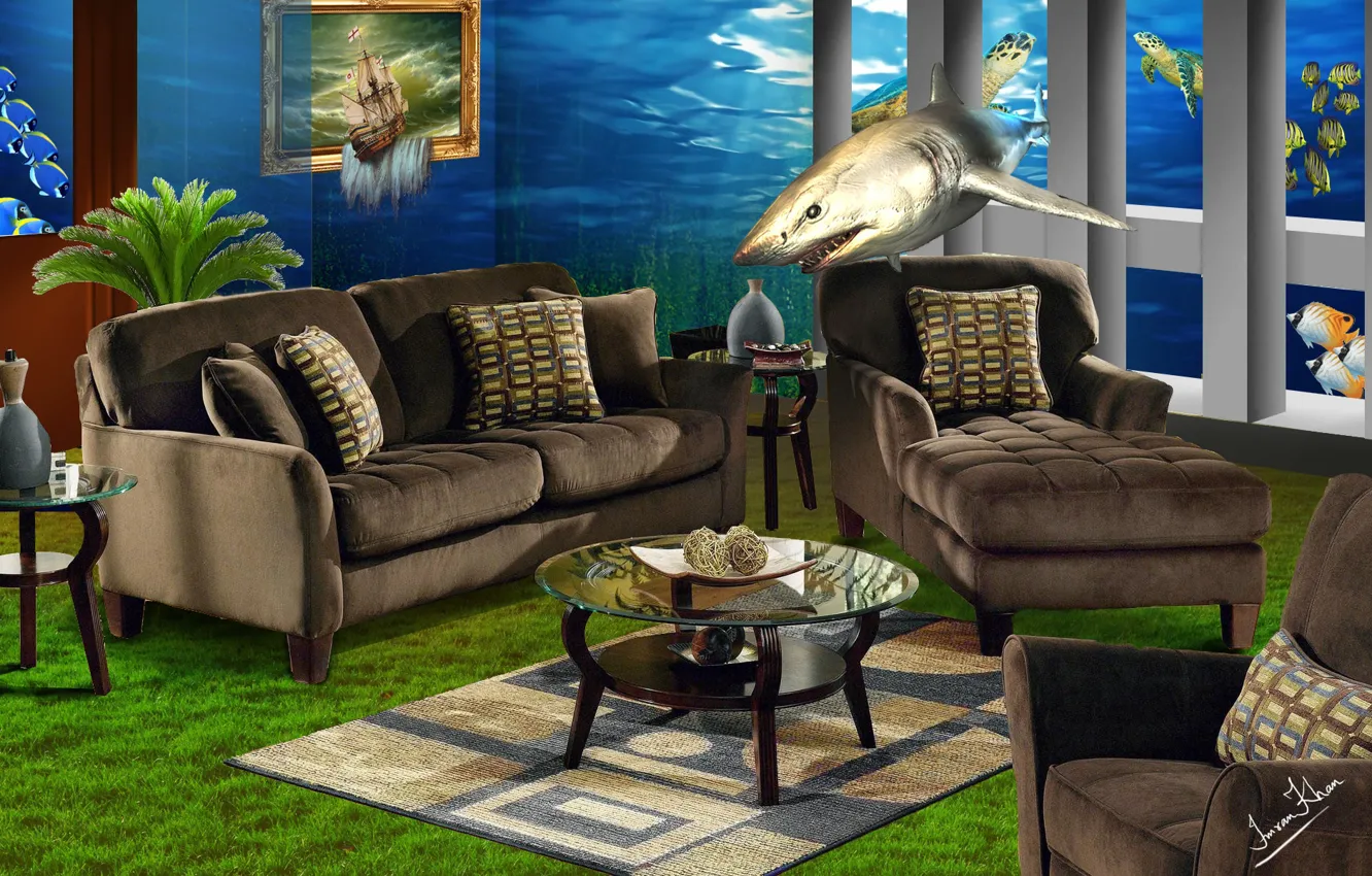 Фото обои рыбы, мебель, интерьер, акула, creative art