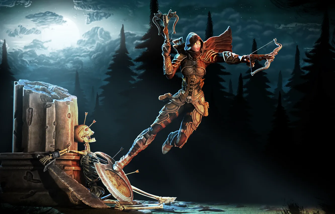 Фото обои лес, ночь, оружие, луна, меч, арт, скелет, броня