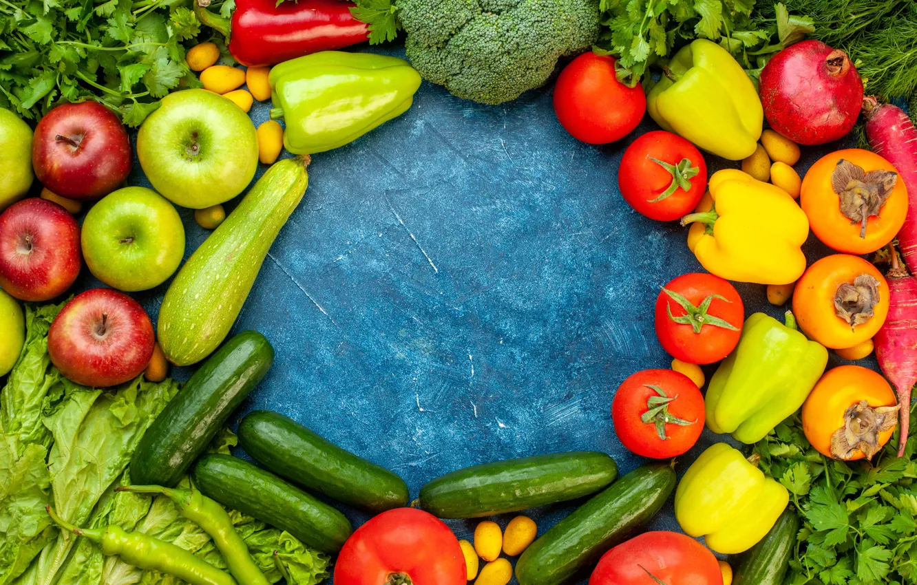 Фото обои фрукты, синий фон, ассорти