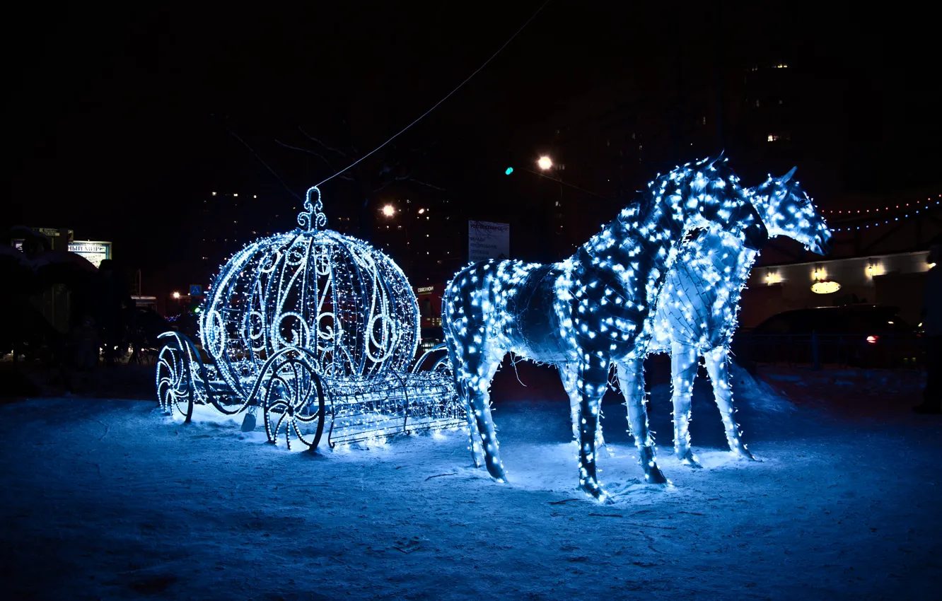 Фото обои зима, снег, новый год, лошади, карета, гирлянда