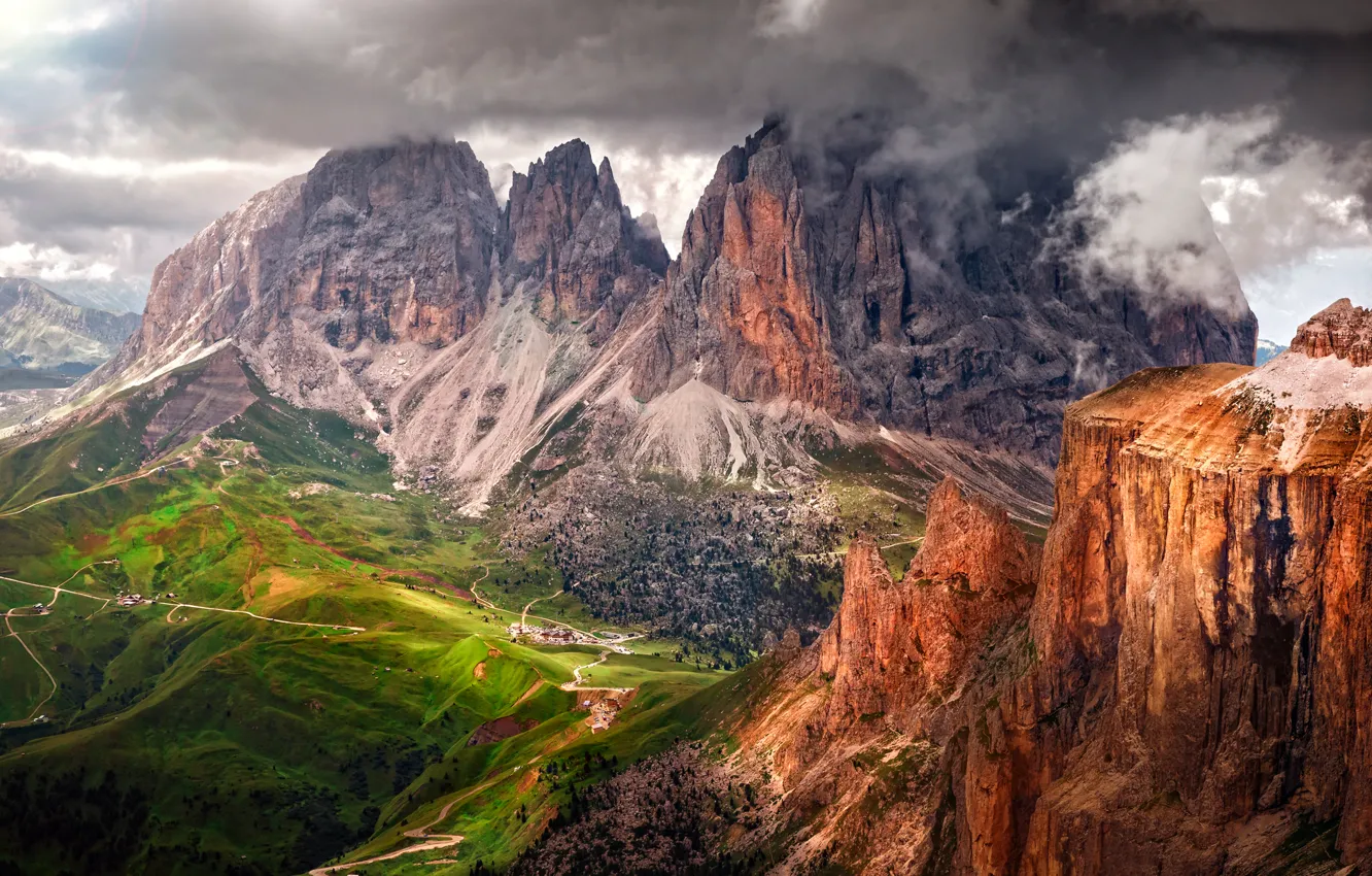 Фото обои лето, небо, горы, тучи, скалы, долина, Альпы, Италия