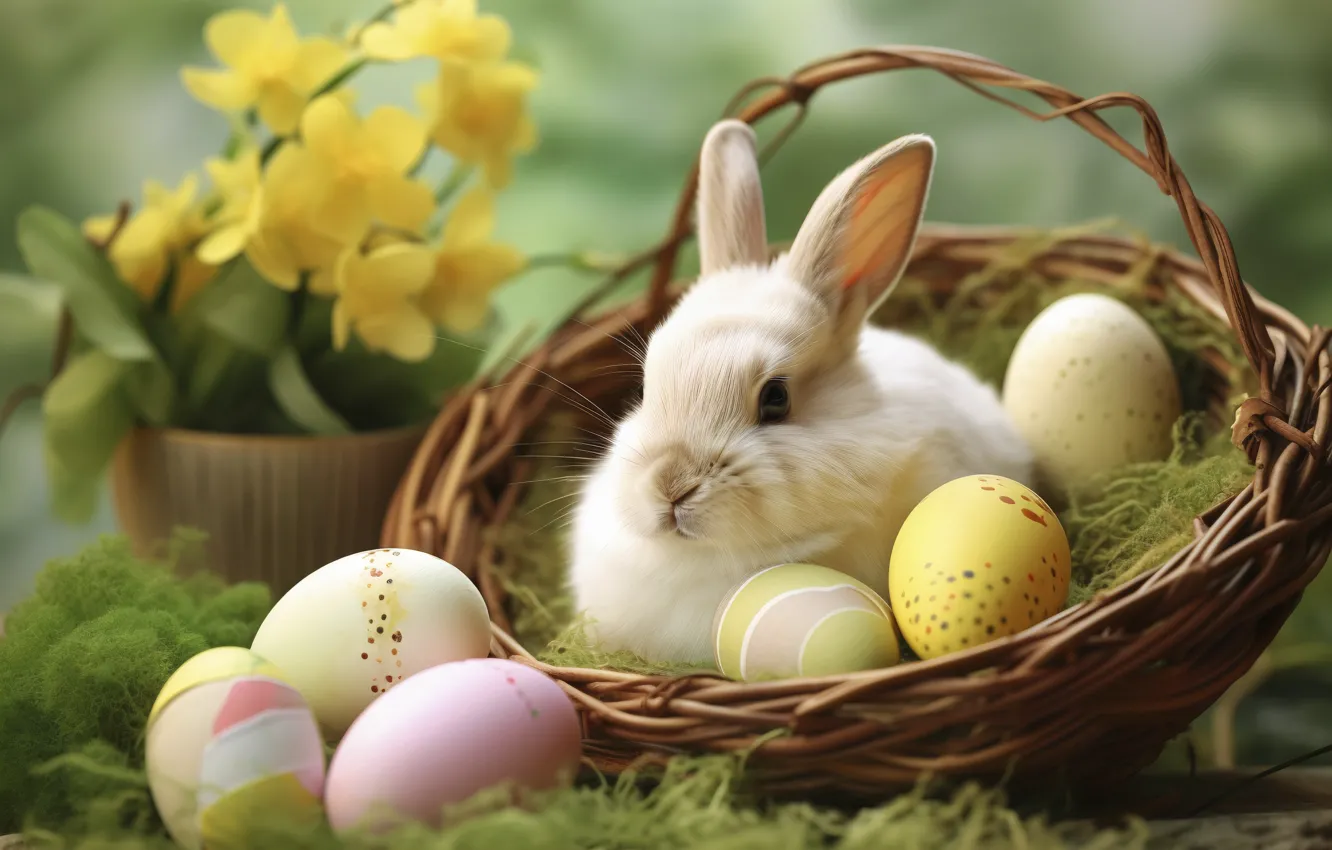 Фото обои цветы, яйца, кролик, Пасха, гнездо, корзинка, крашенки, нейросеть