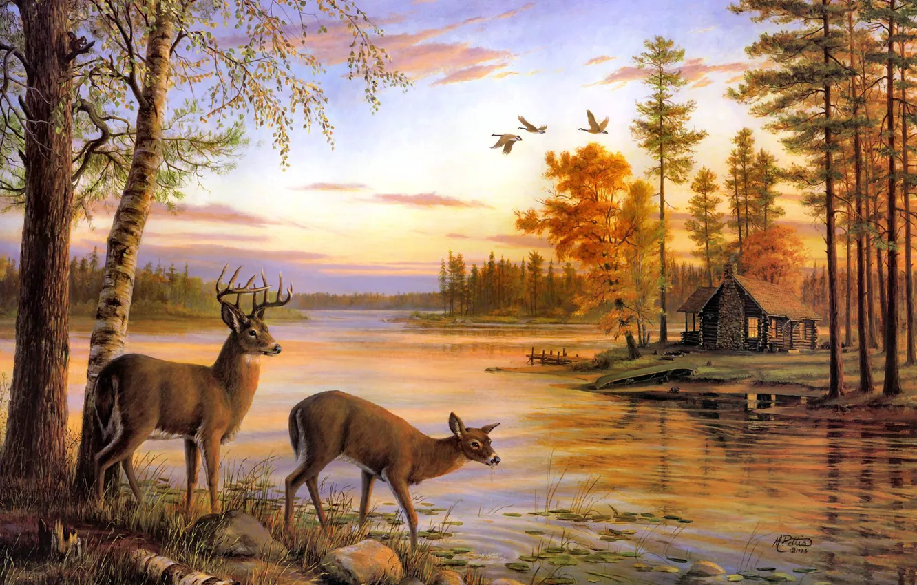 Фото обои river, nature, painting, deer, Mary Pettis, birch, Quiet Evening