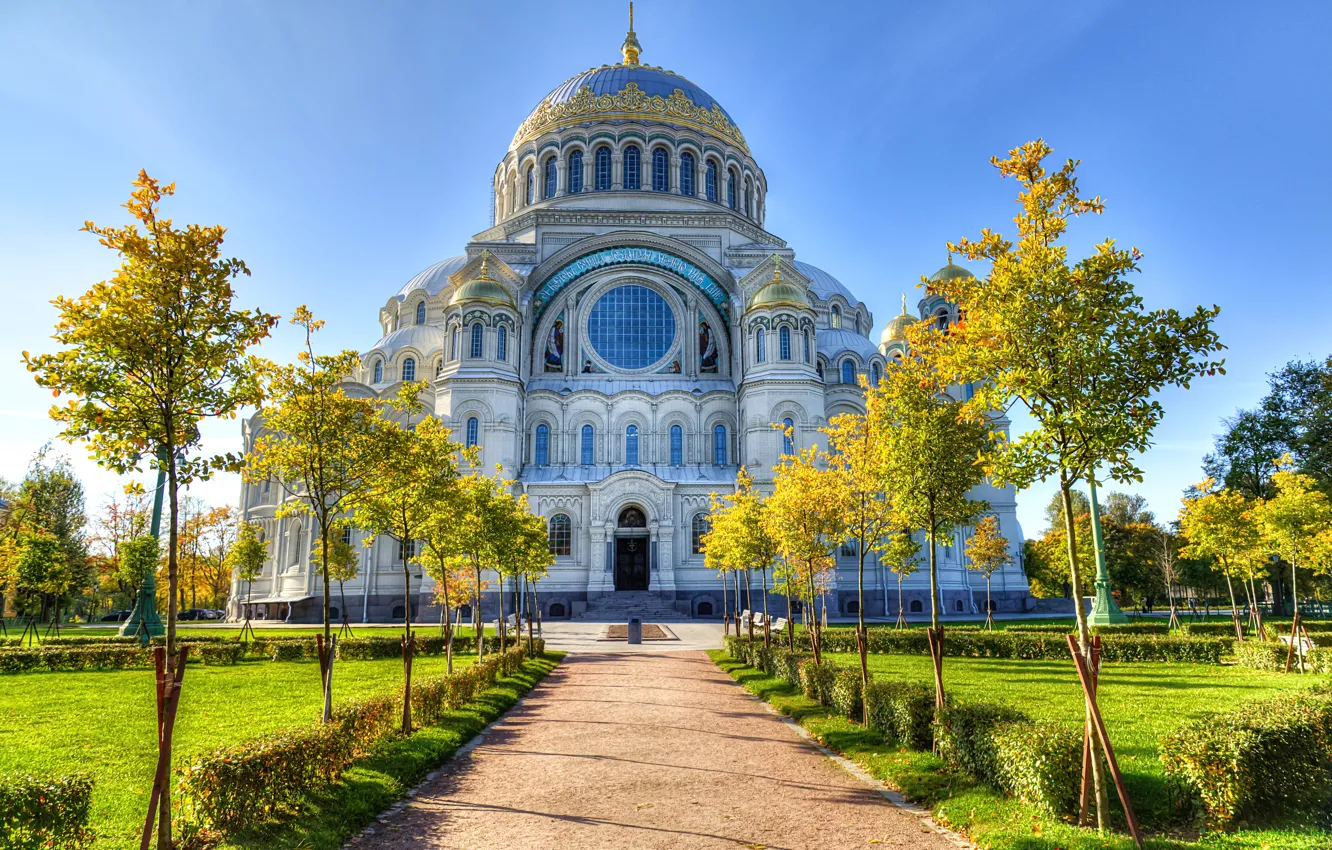 Фото обои деревья, HDR, дорожка, собор, храм, Россия, cathedral, St. Petersburg